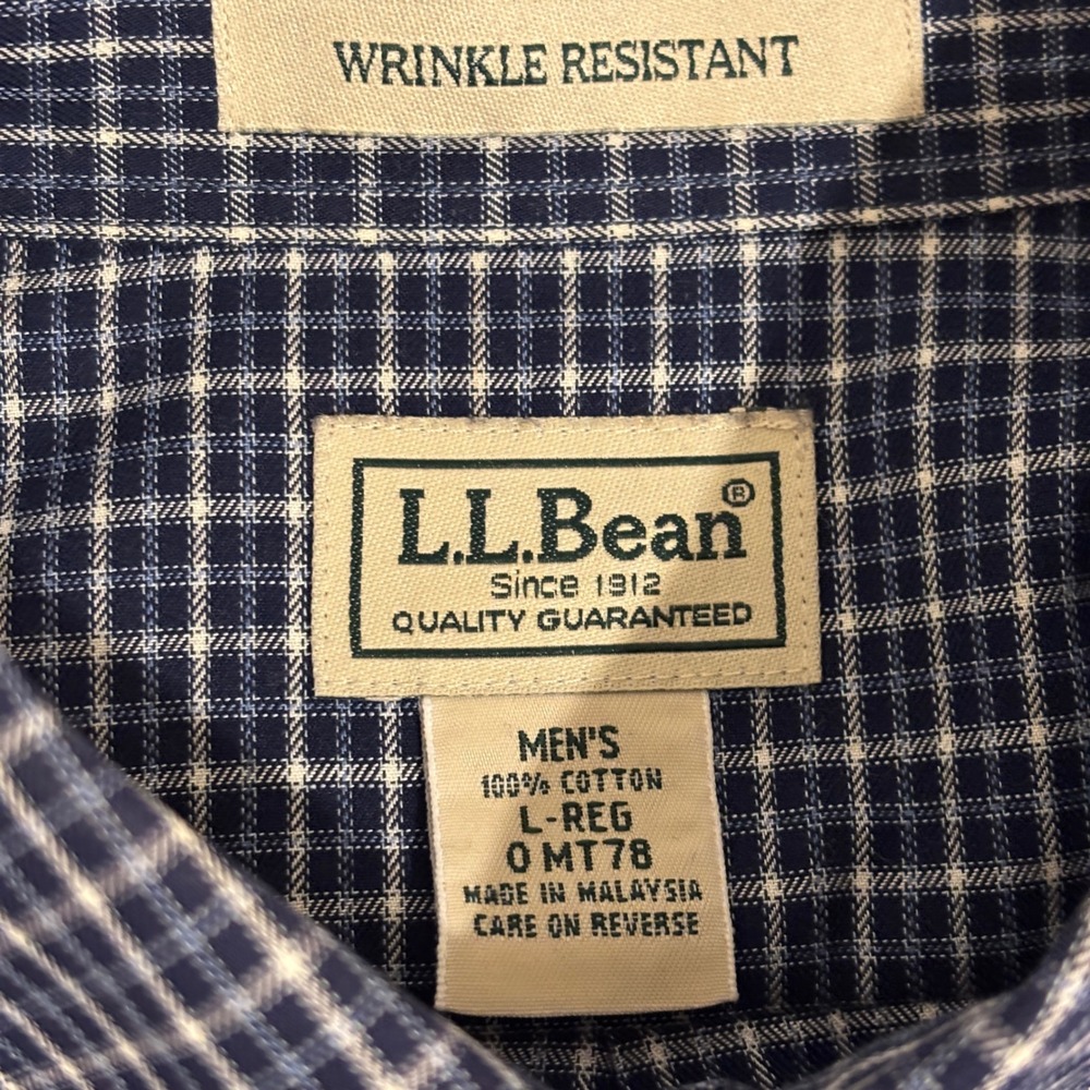 L.L. Bean Button Down Shirt Mens L Navy Blue White Check Wrinkle Resistant - Picture 2 of 9